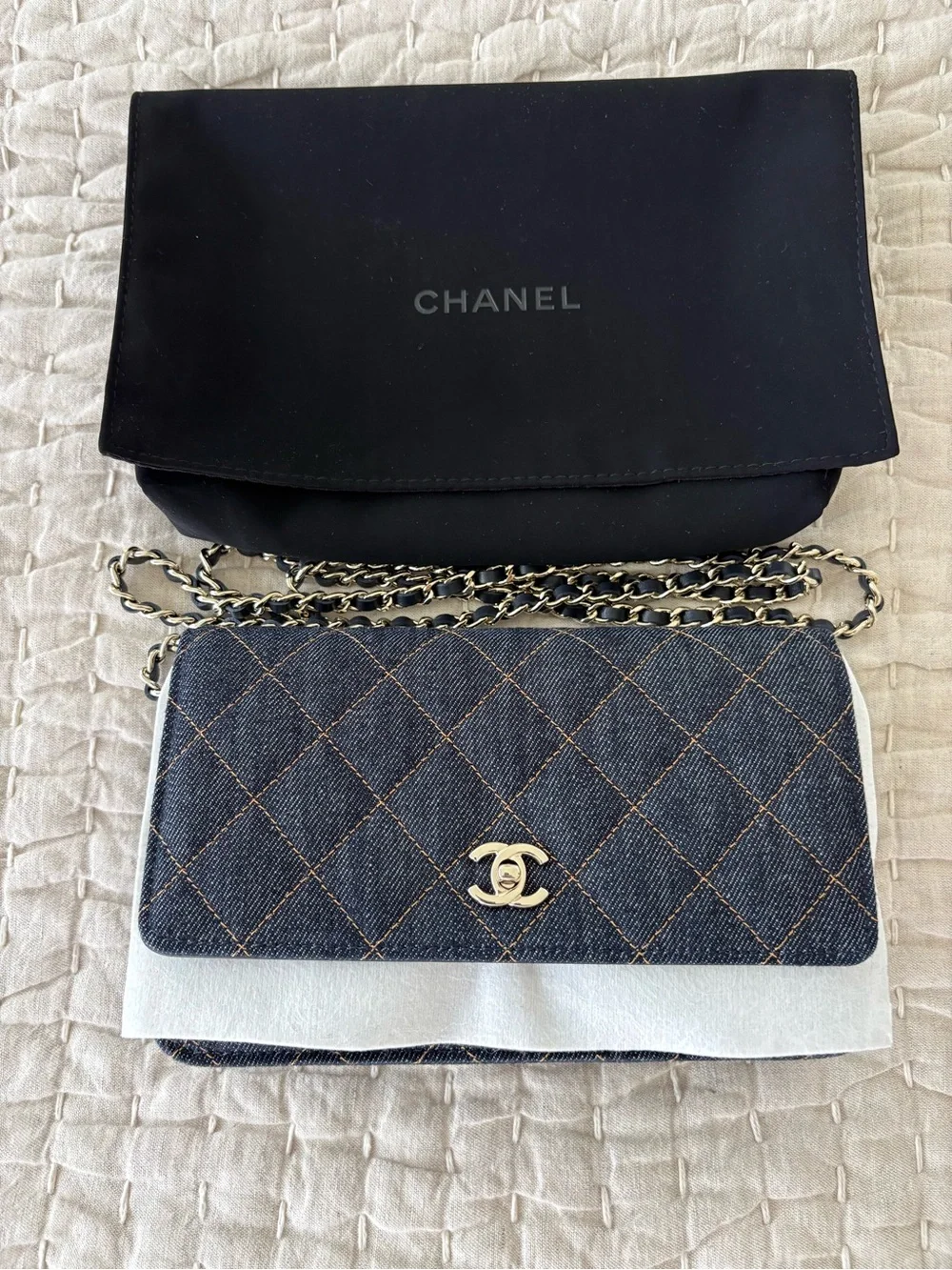 CHANEL 2026 Quilted Denim WOC in Dark Blue with Light Gols CC